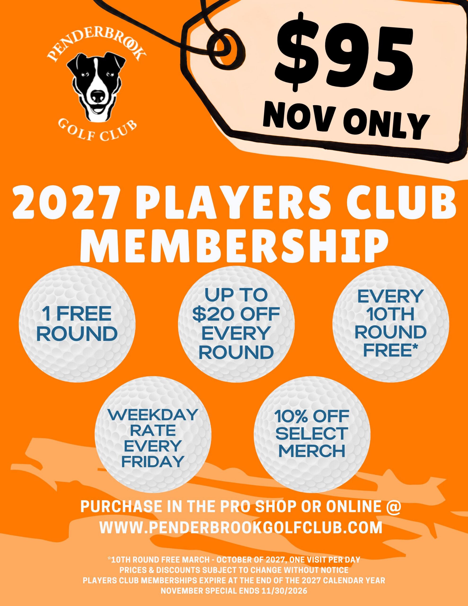 2027 Penderbrook Golf Club Players Club Membership flyer showing the $95 November special